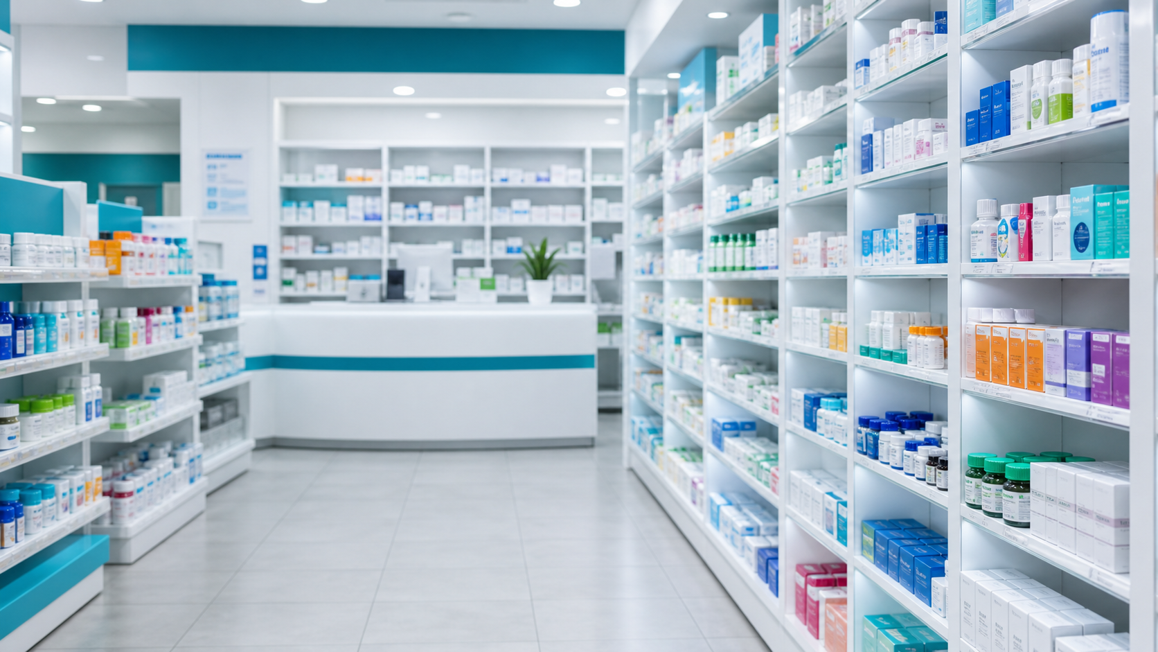 Modern pharmacy aisles with organized medicine shelves