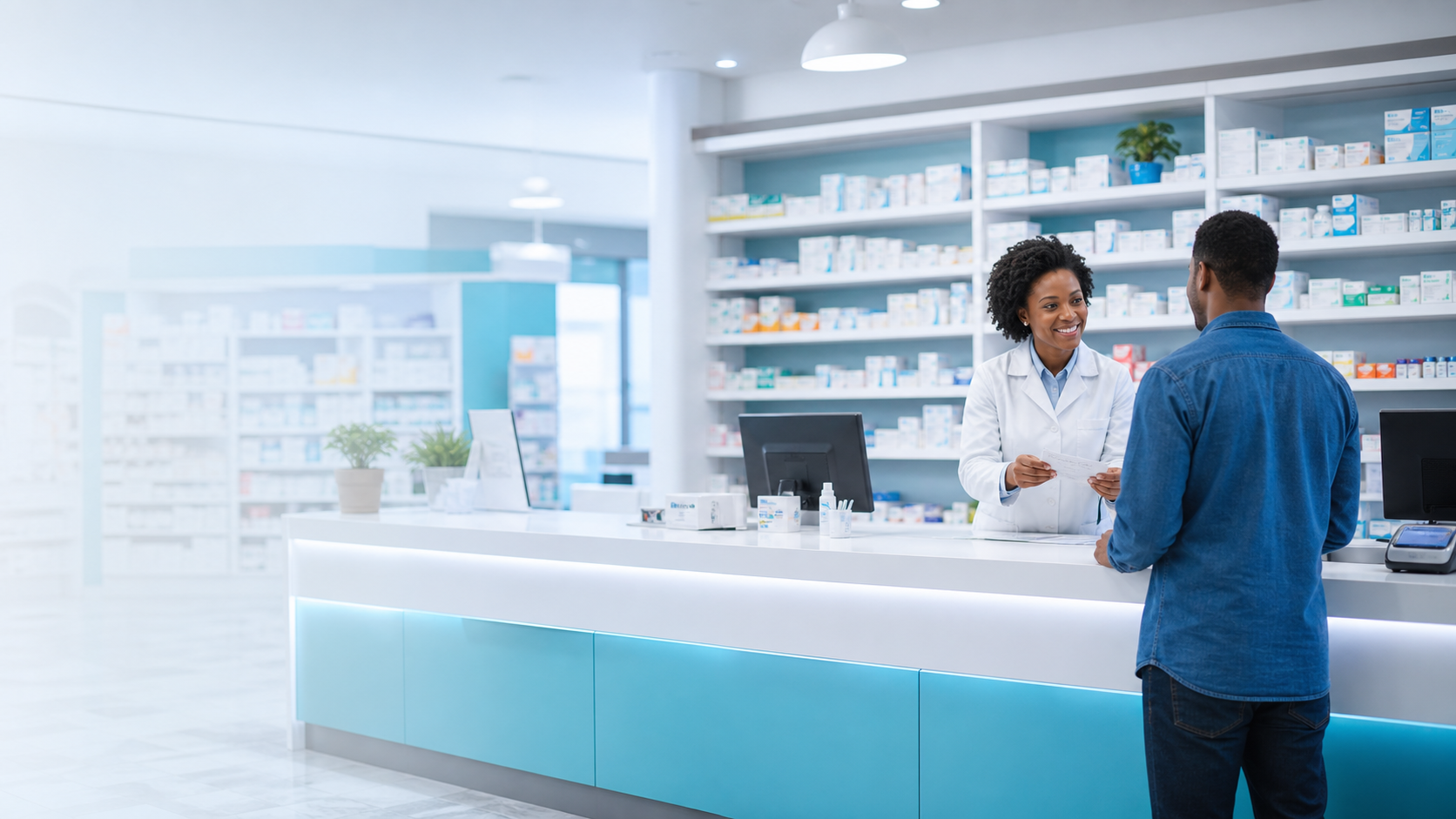 Pharmacist helping a customer at a pharmacy counter