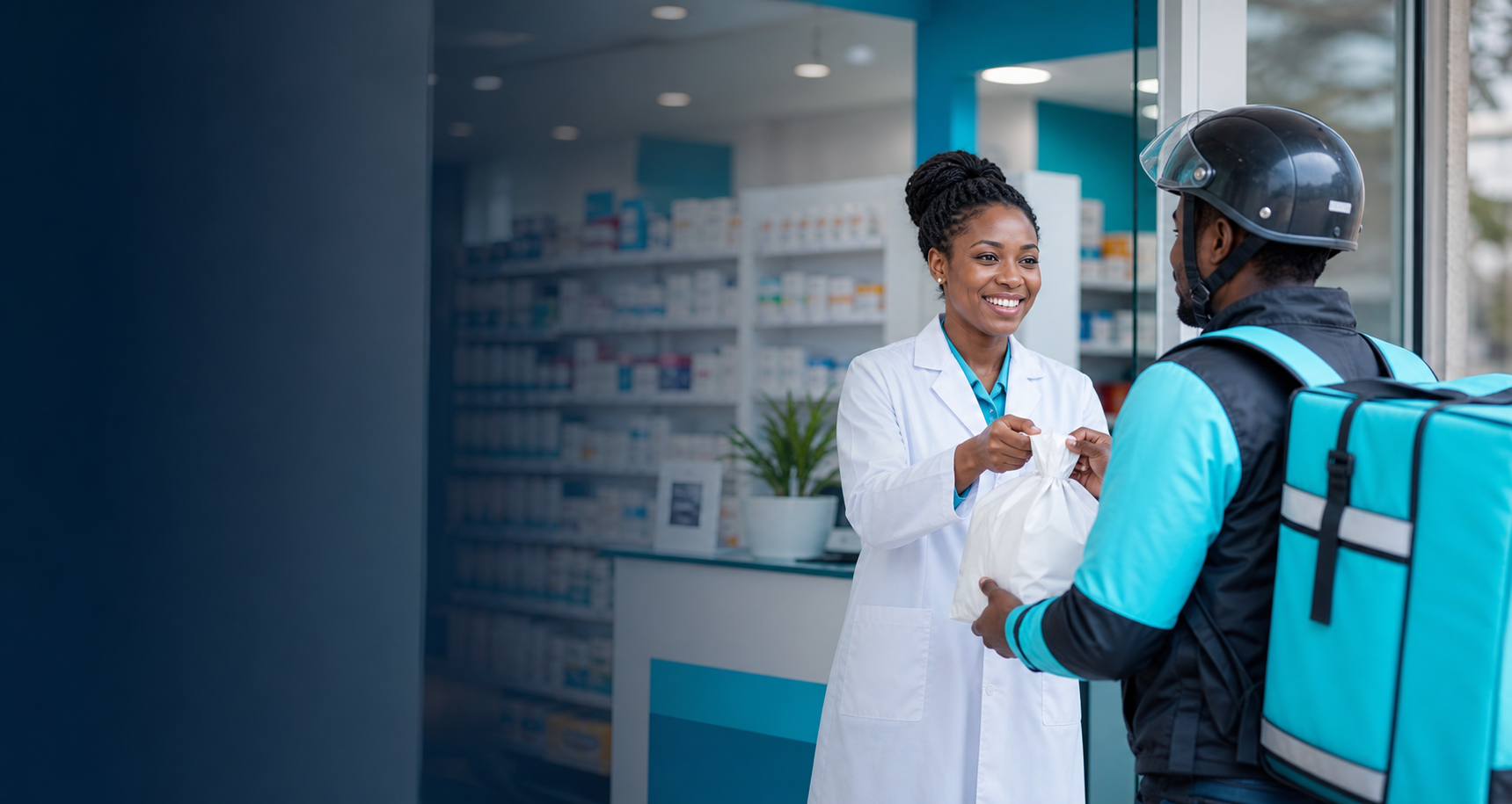 Pharmacist handing a medicine package to a delivery courier