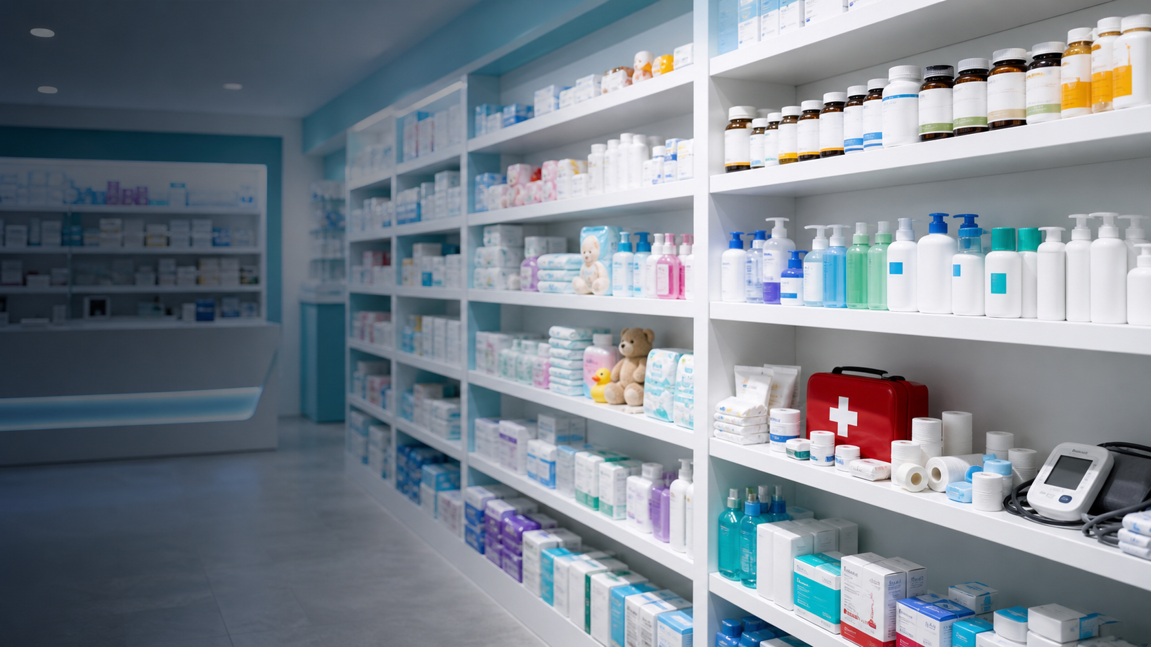 Pharmacy shelves with medicines and wellness products